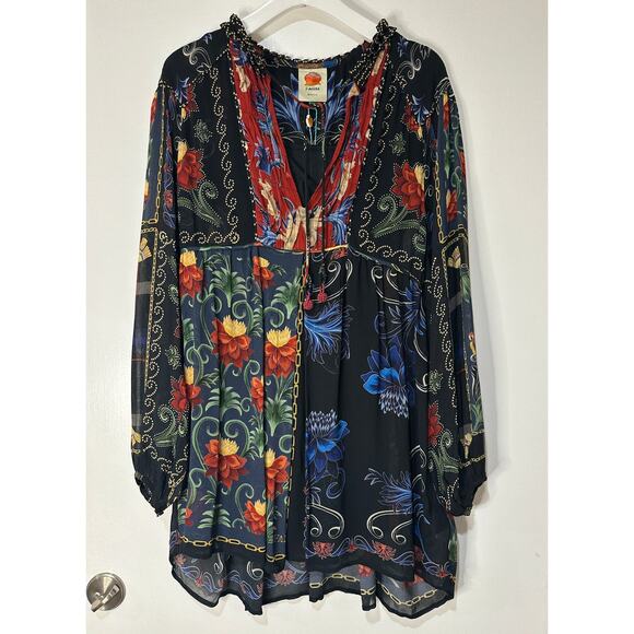 Farm Rio Black Mixed Arabesque Scarves Long Sleeve Mini Dress Size XS NWT Chic - Picture 2 of 16